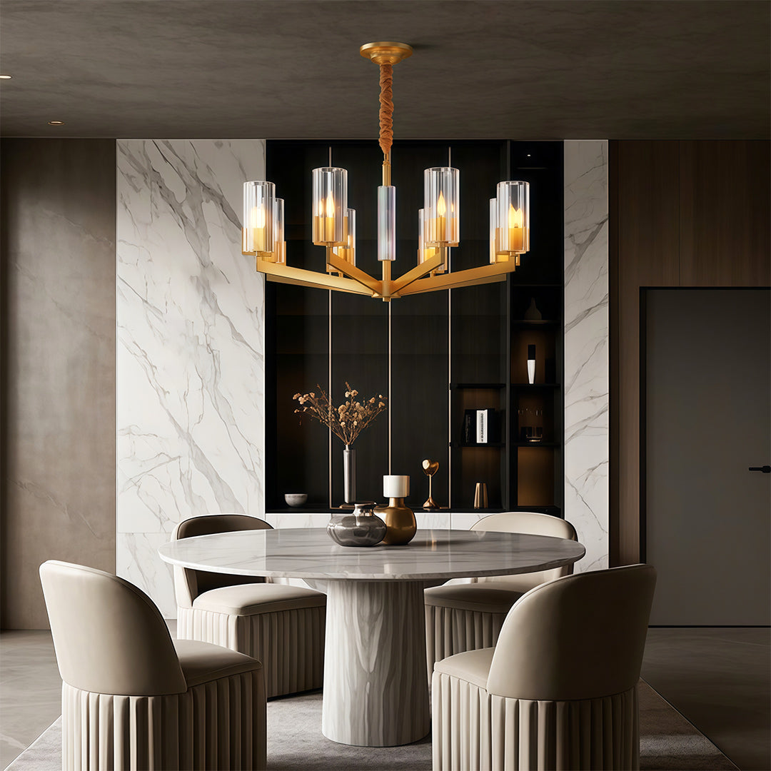 Modern luxury chandeliers enhancing sophisticated dining space with reflective surfaces and modern chairs