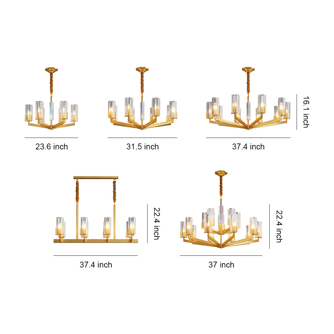 Shell chandeliers specification diagram showing multiple size configurations with dimensions
