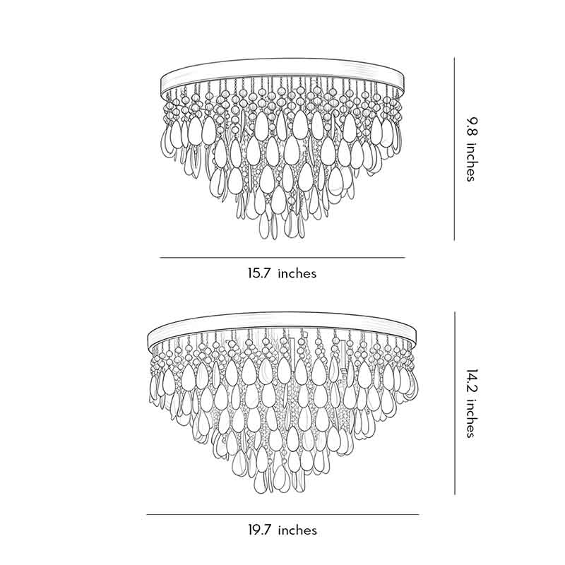 Shell flush mount light technical drawing displaying fixture dimensions and ceiling mounting specifications.