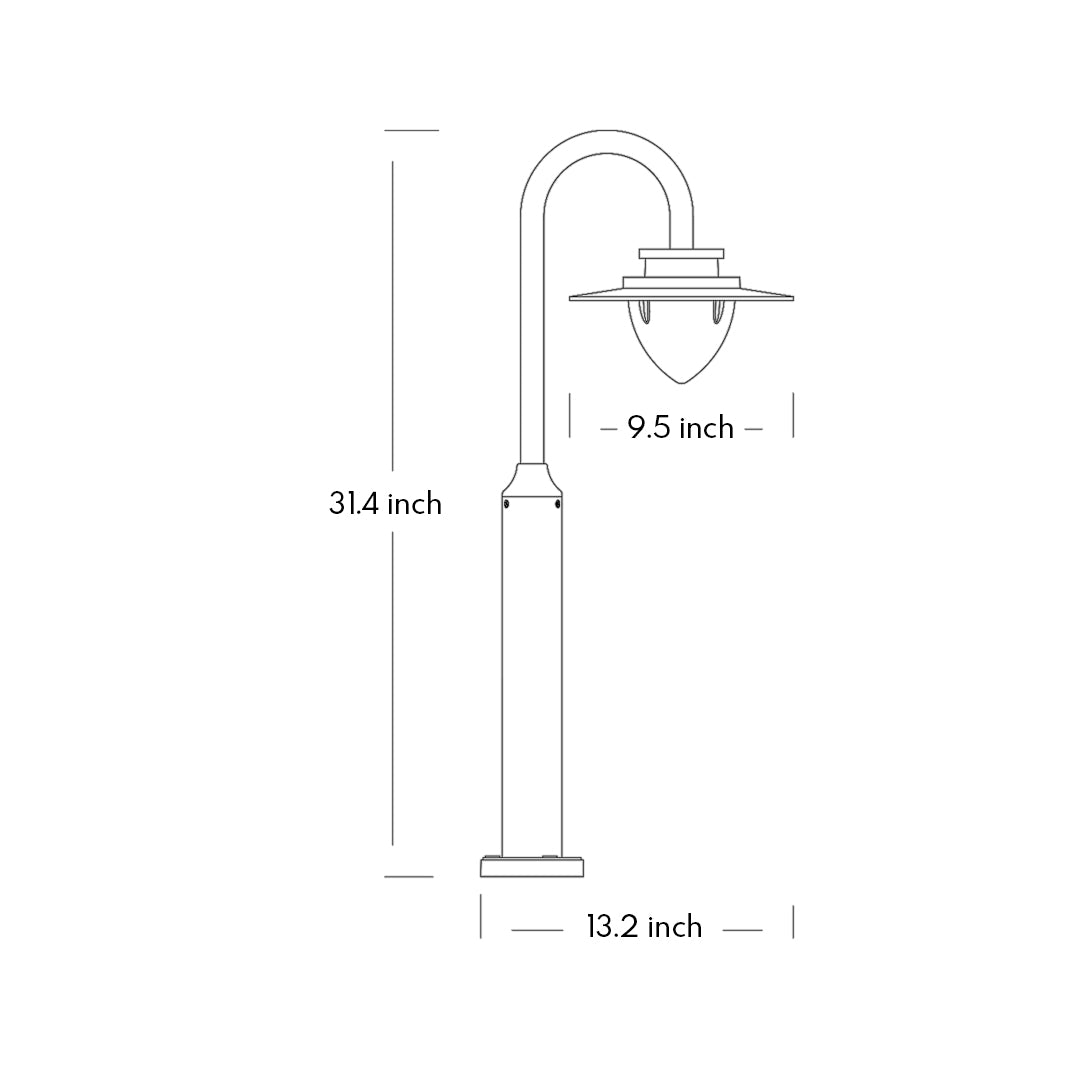 Technical blueprint showing dimensions and specifications for shepherd's hook style pathway light