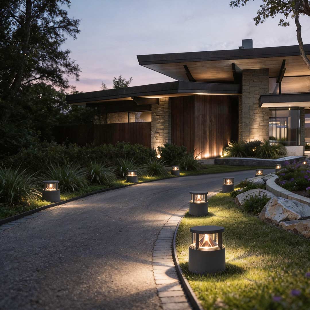 Short bollard light enhancing a contemporary house driveway with soft directional light.