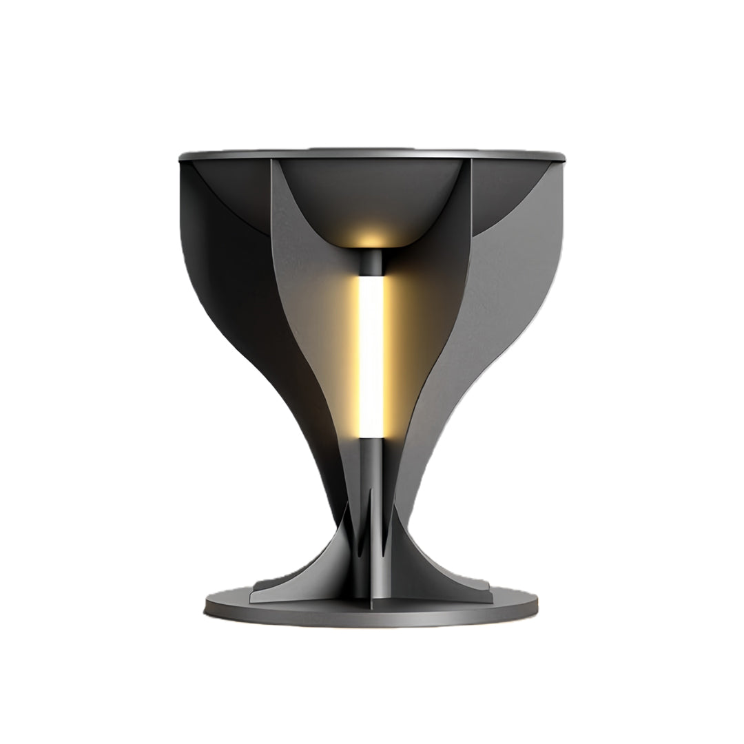 Short contemporary lighted planter in dark grey with a central glowing light bar, isolated on white.