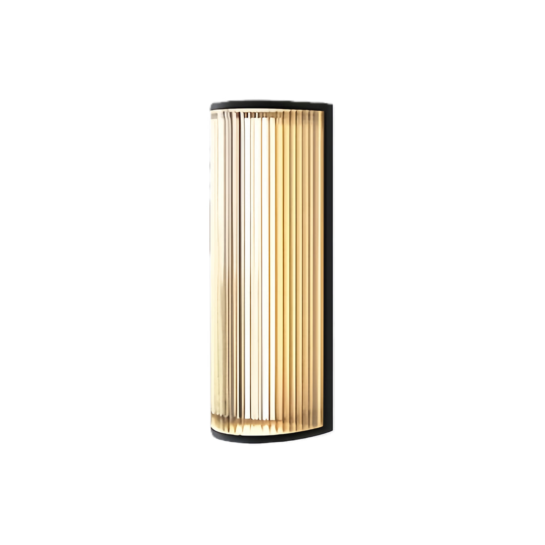 Short model of a modern vertical wall sconce lighting fixture with fluted glass, isolated on white.