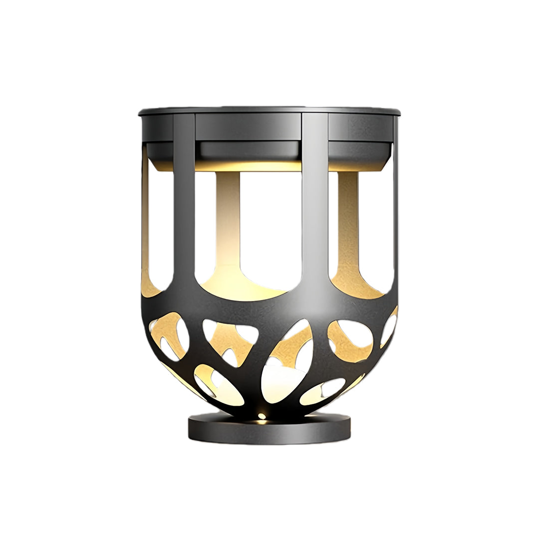 Short modern black lighted outdoor planter featuring an abstract cutout pattern, shown on a white background.