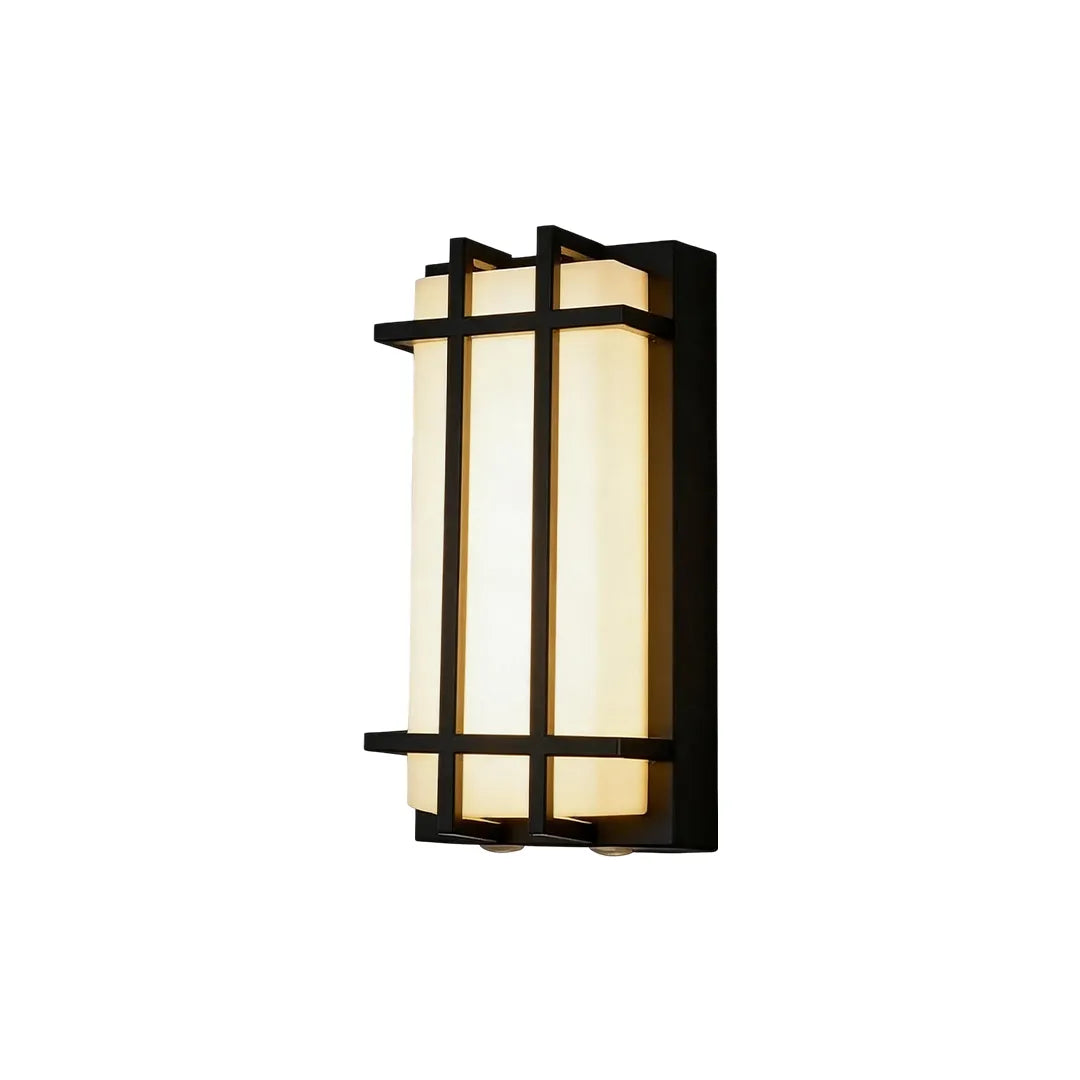 Short outdoor wall sconce with black grid frame and warm LED illumination