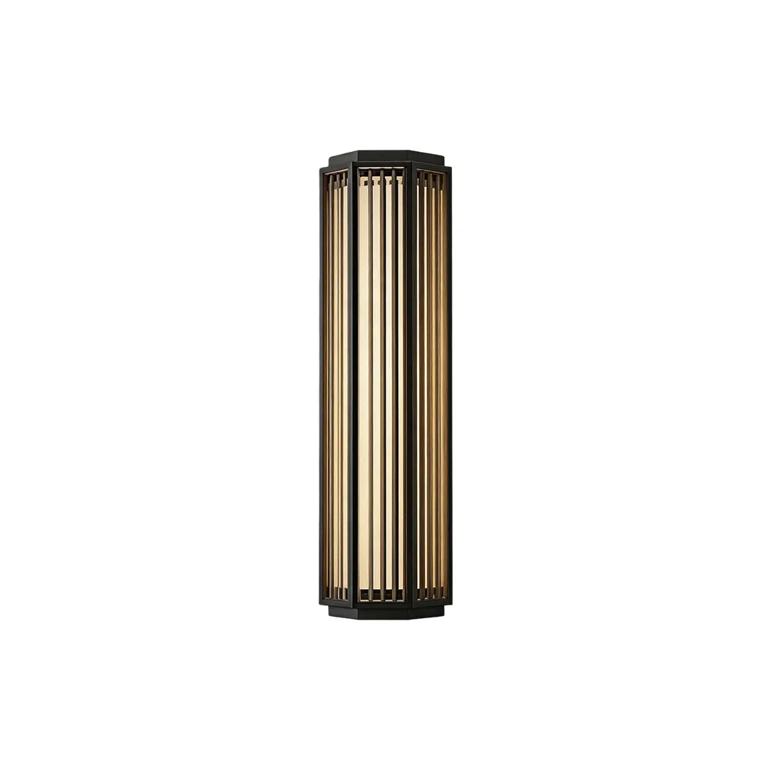 Short outdoor wall sconce with black slatted frame and warm LED illumination