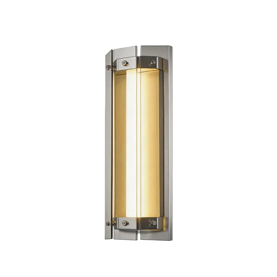 Short outdoor wall sconce with silver frame and warm LED illumination