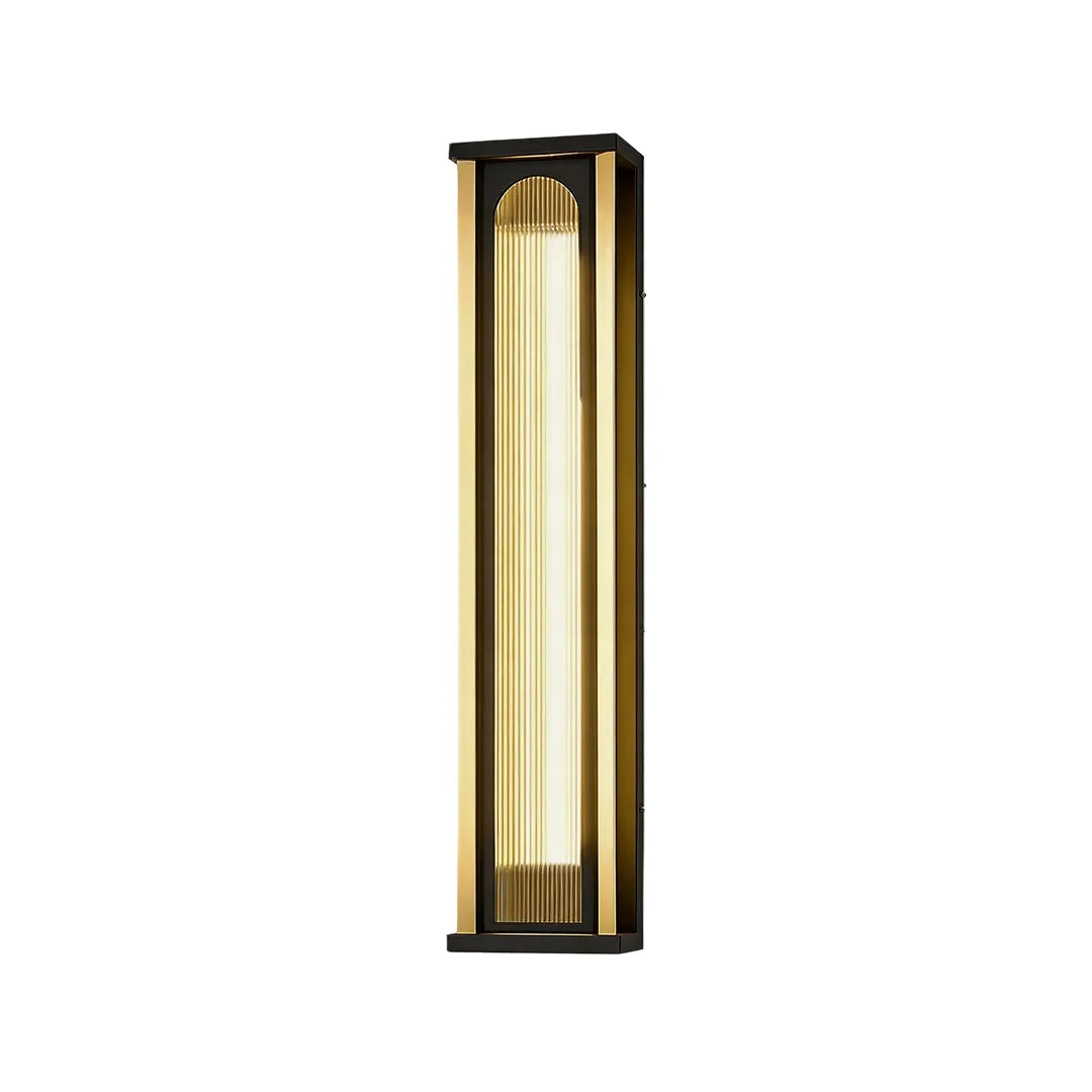 Short outdoor wall sconce with warm white light and black metal frame