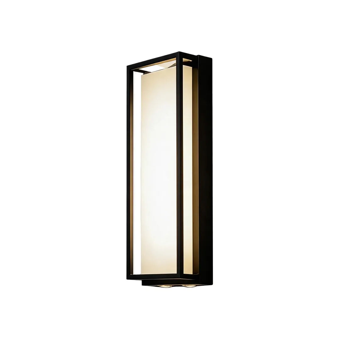 Short rectangular outdoor wall sconce with black frame and white diffuser
