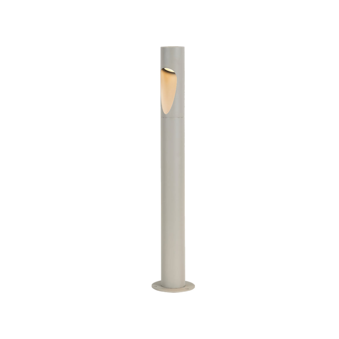 Short silver outdoor garden bollard led lights featuring a clean tube design and soft warm glow.