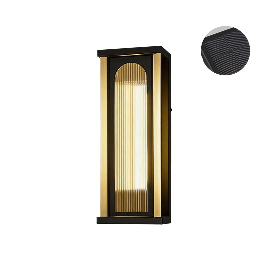 Short solar wall sconce with black frame ribbed glass and integrated solar panel