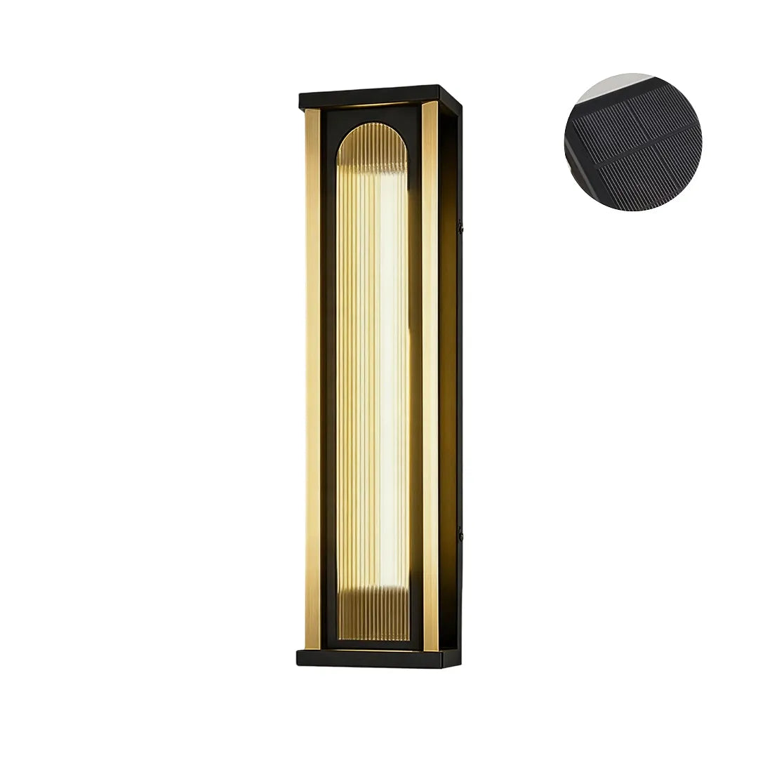Short solar wall sconce with integrated solar panel and warm LED lighting