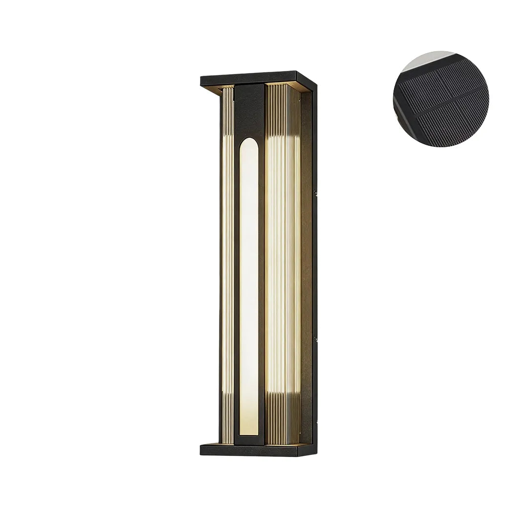Short solar wall sconce with black frame warm light and integrated solar panel