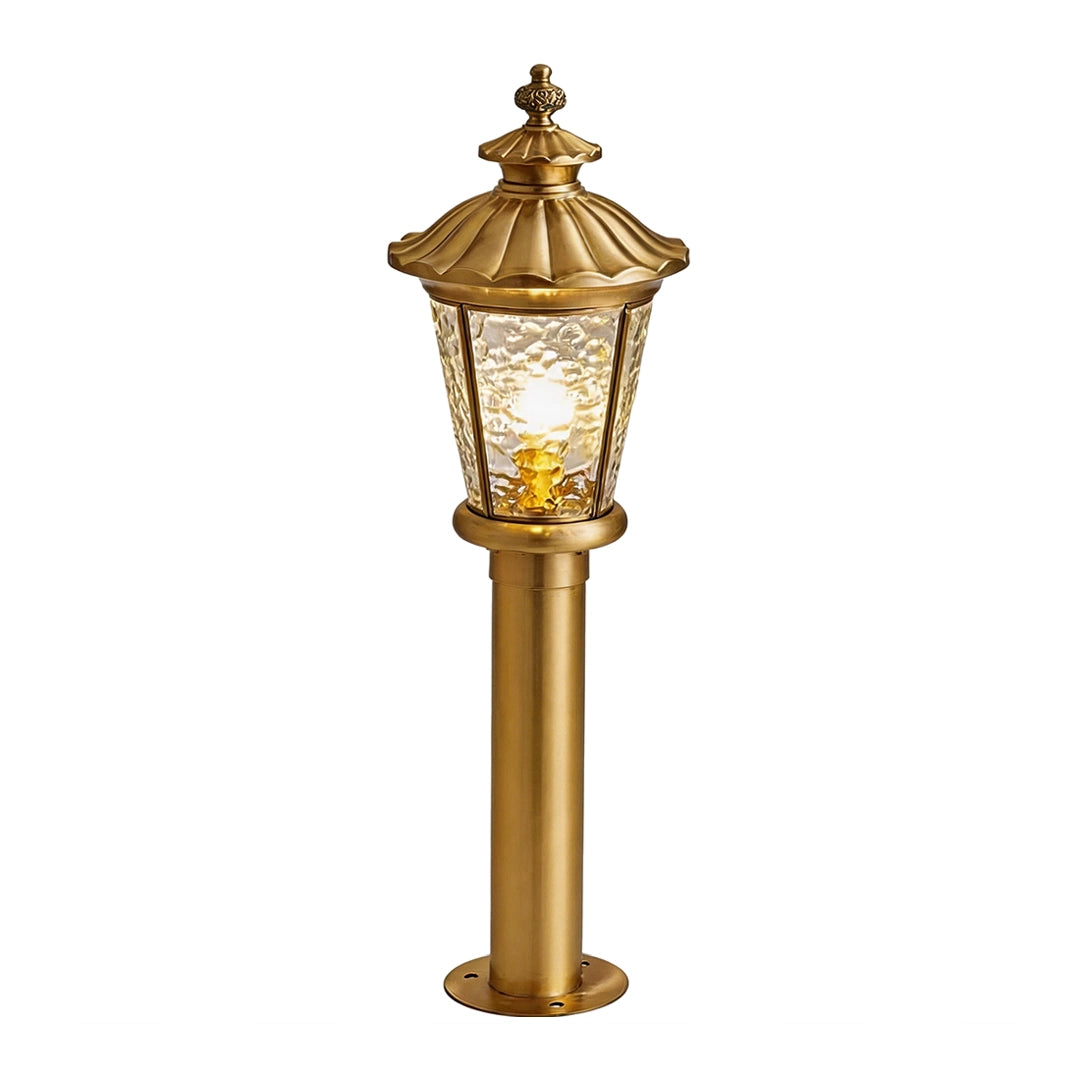 Short vintage brass pathway light with decorative lantern and textured glass
