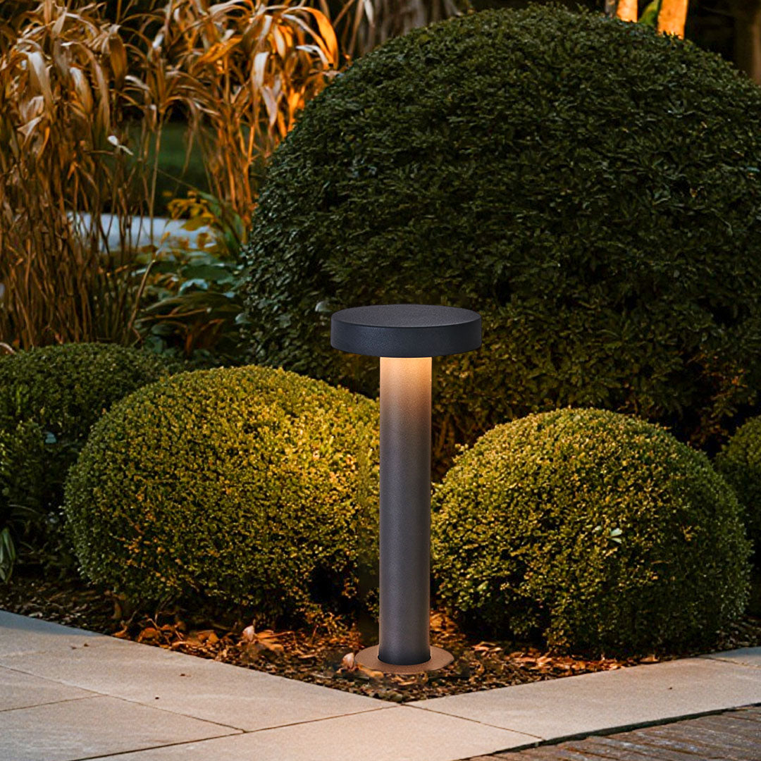 Professional LED path light installation among manicured shrubs creating elegant outdoor lighting design