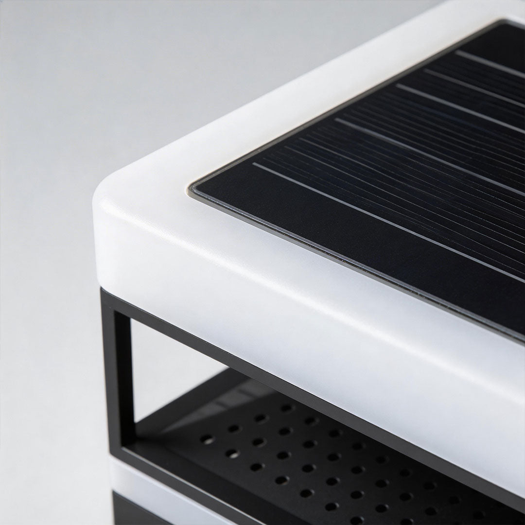 White pillar top light with a black metal frame and perforated sides, displayed from a side angle.