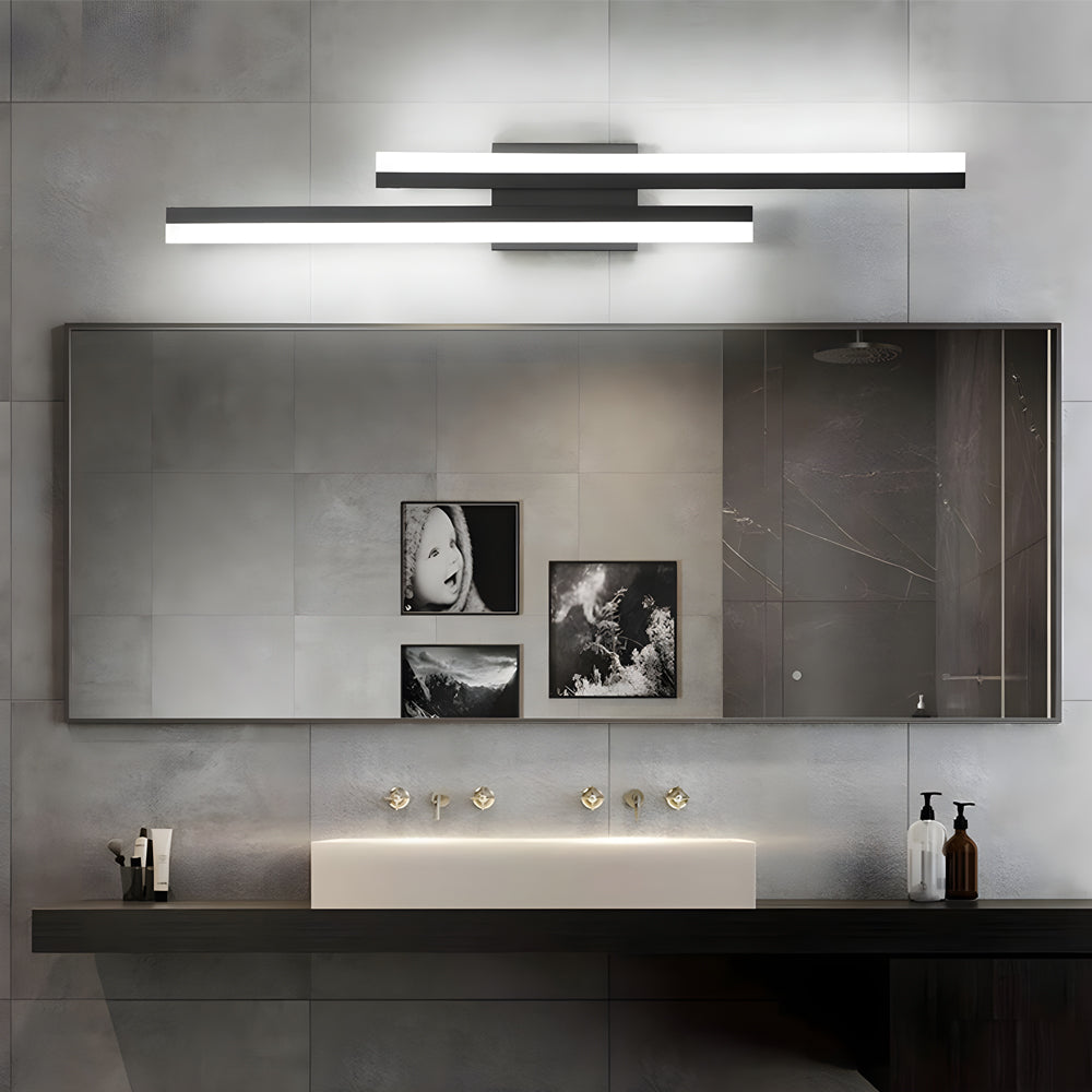 A clean-lined, modern side vanity light with adjustable brightness, perfect for bathroom mirrors and contemporary spaces.