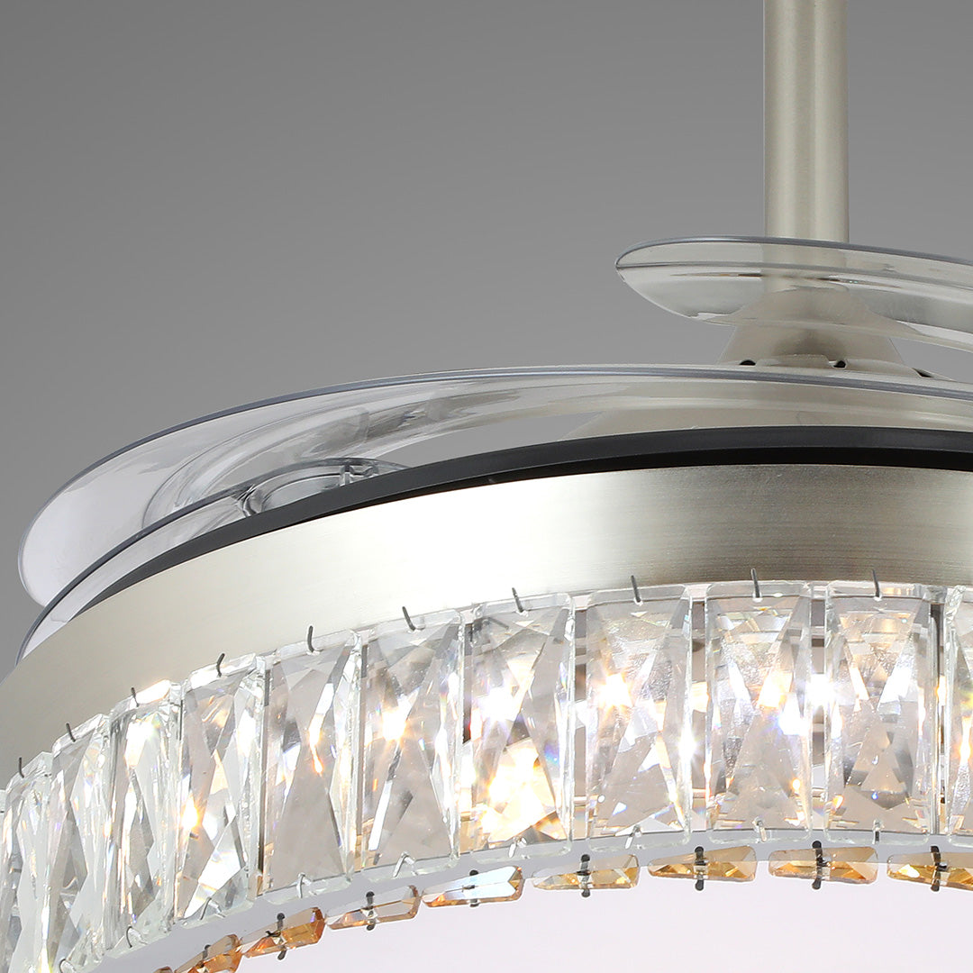 Side view detail of the brushed nickel crystal ceiling fan with light with blades retracted 
