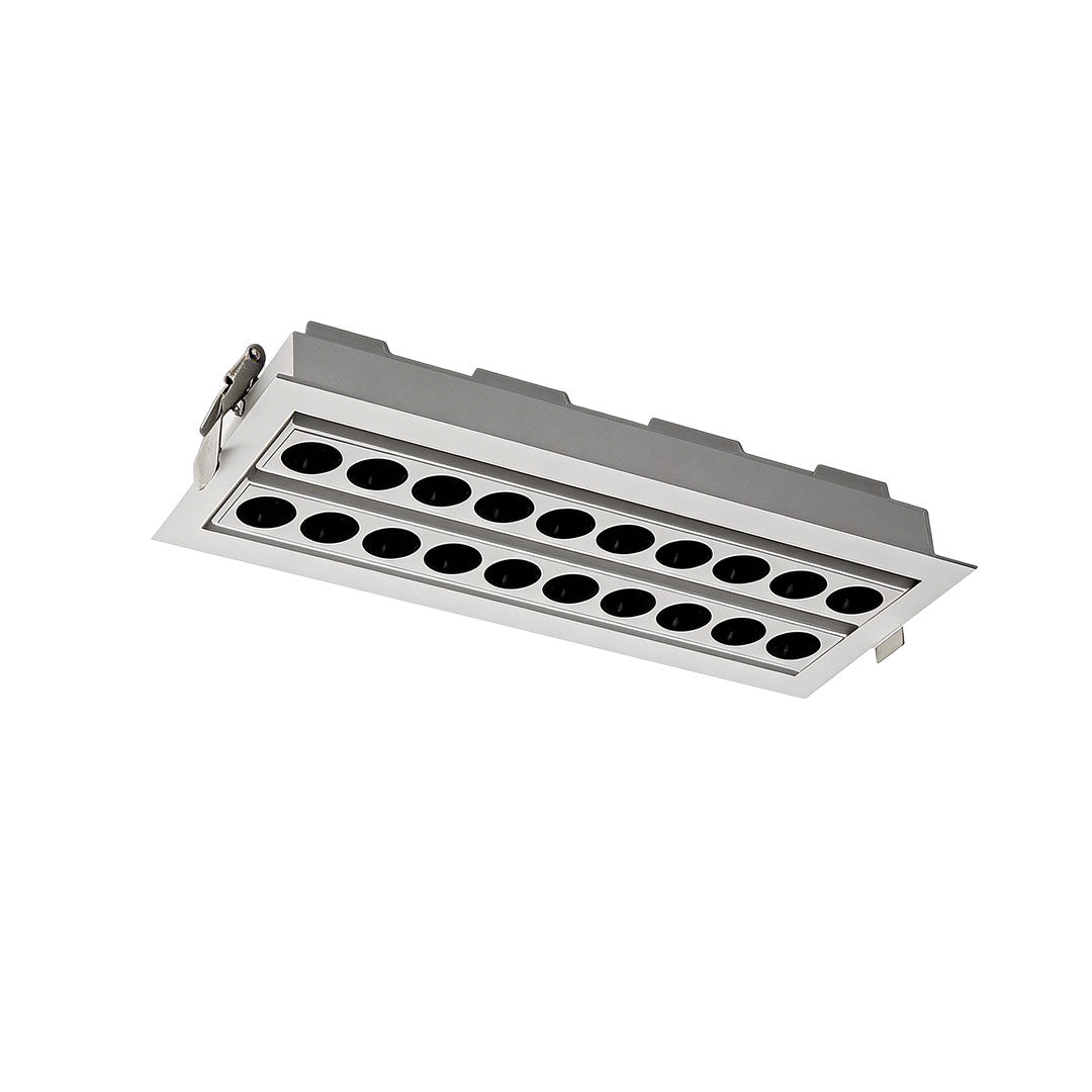 Side view of rectangular led ceiling recessed spotlight showing design details and light distribution.