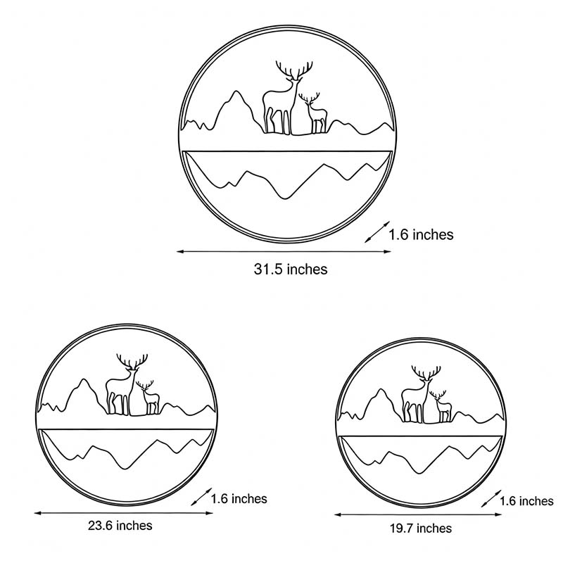 Silhouette wall light dimensions, front view with size specifications for deer and mountain design.