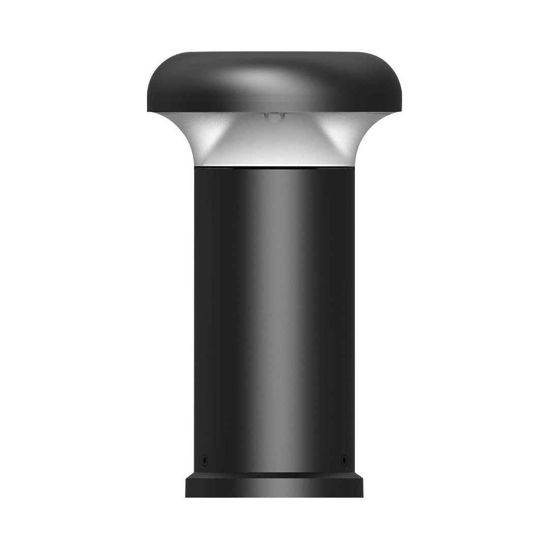 Black cylindrical bollard light with mushroom-style top for garden pathways
