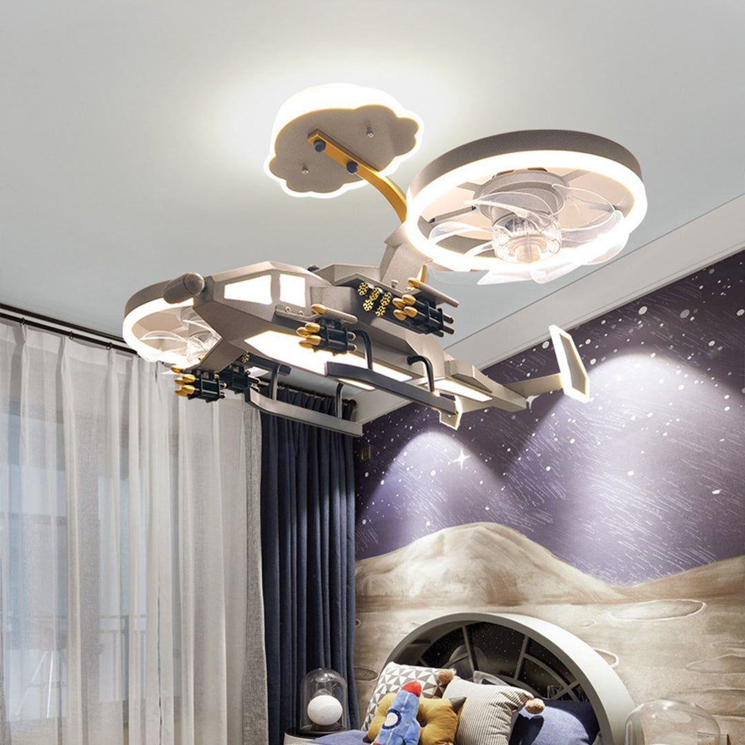 Silver airplane ceiling fan with light providing cooling and illumination in modern space