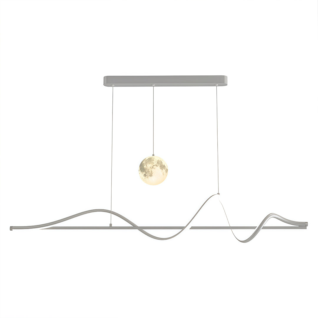 Silver art deco pendant light featuring curved linear LED strips with two hanging globe lights on white.