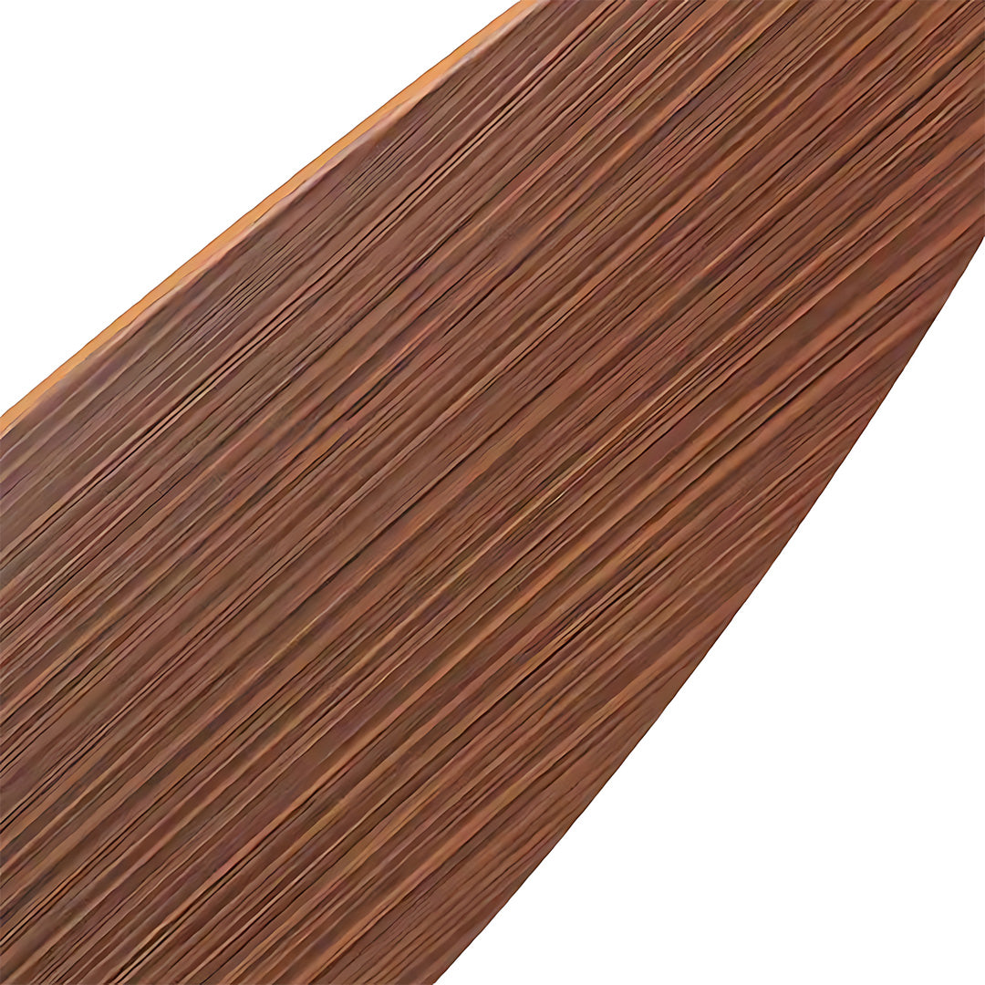 Detailed close-up of silver ceiling fan blade showing rich mahogany wood grain pattern