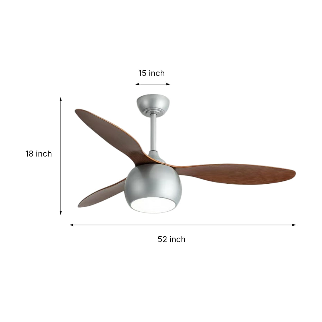 Size comparison chart showing silver ceiling fan with light in various configurations and blade options