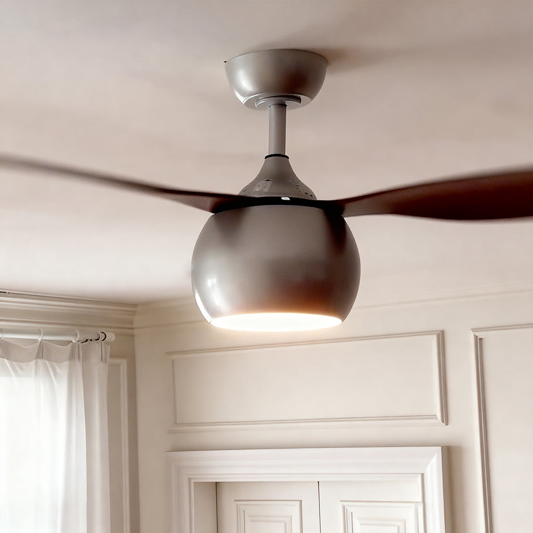 Silver ceiling fan with light installed in traditional dining room with white door and warm lighting