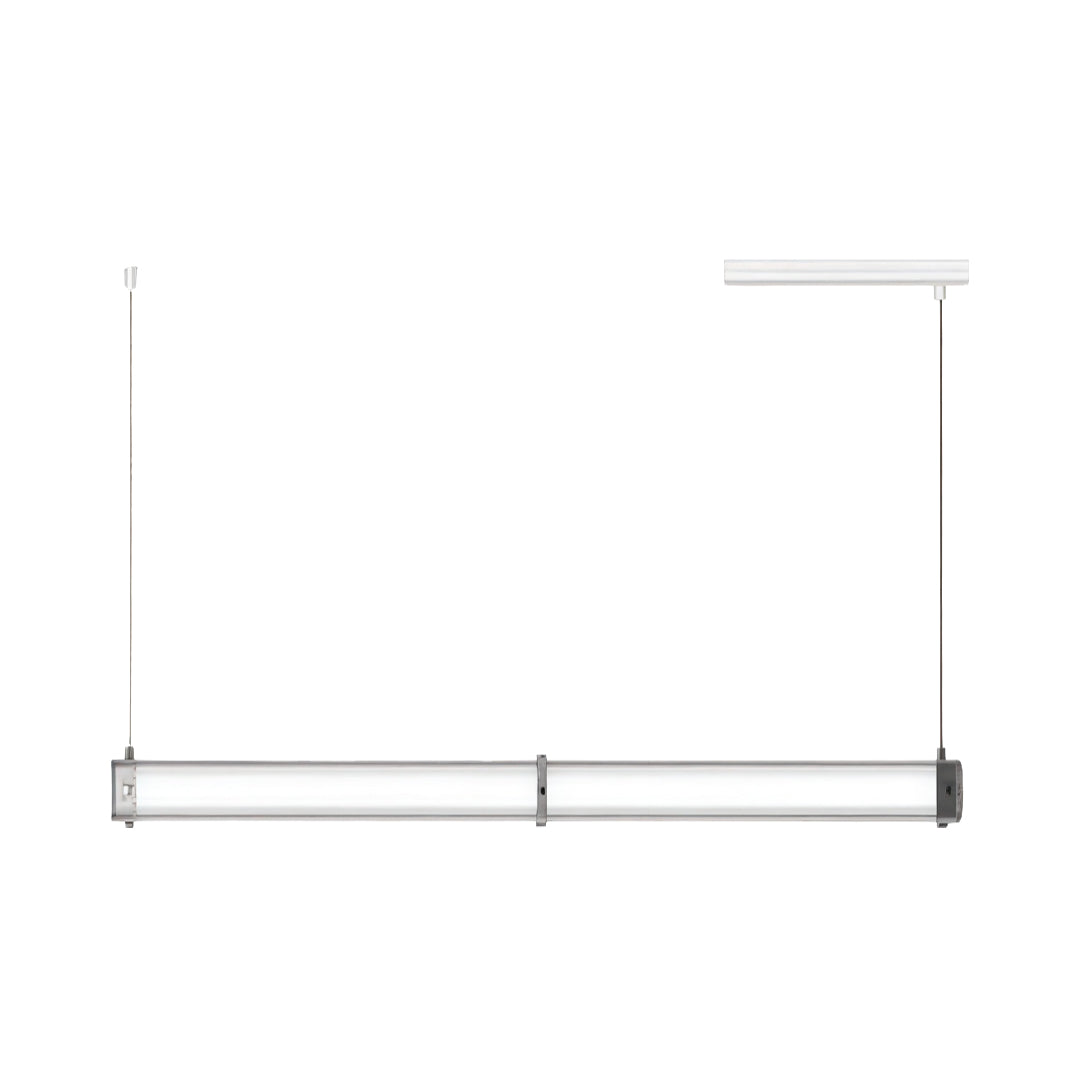 Minimal silver contemporary linear suspension lighting shown in isolated front view with adjustable hanging cables.