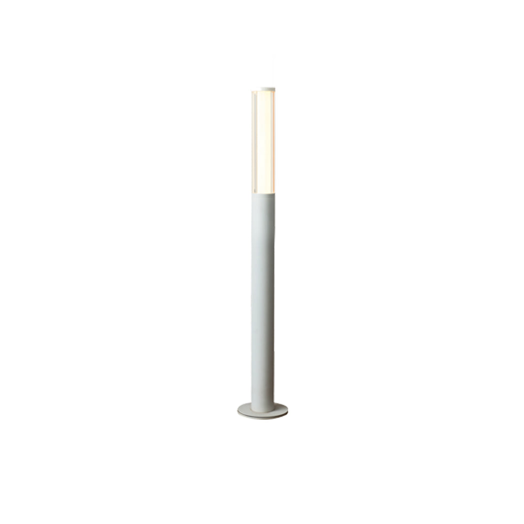 Silver cylindrical led bollard garden light with minimalist outdoor-friendly design.