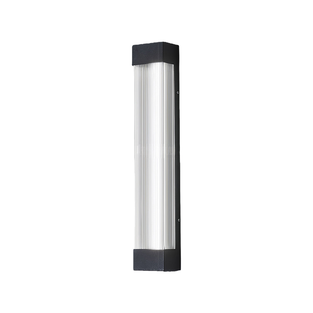 Sleek silver finish linear outdoor sconce with a clear ribbed diffuser, shown unlit on a white background.