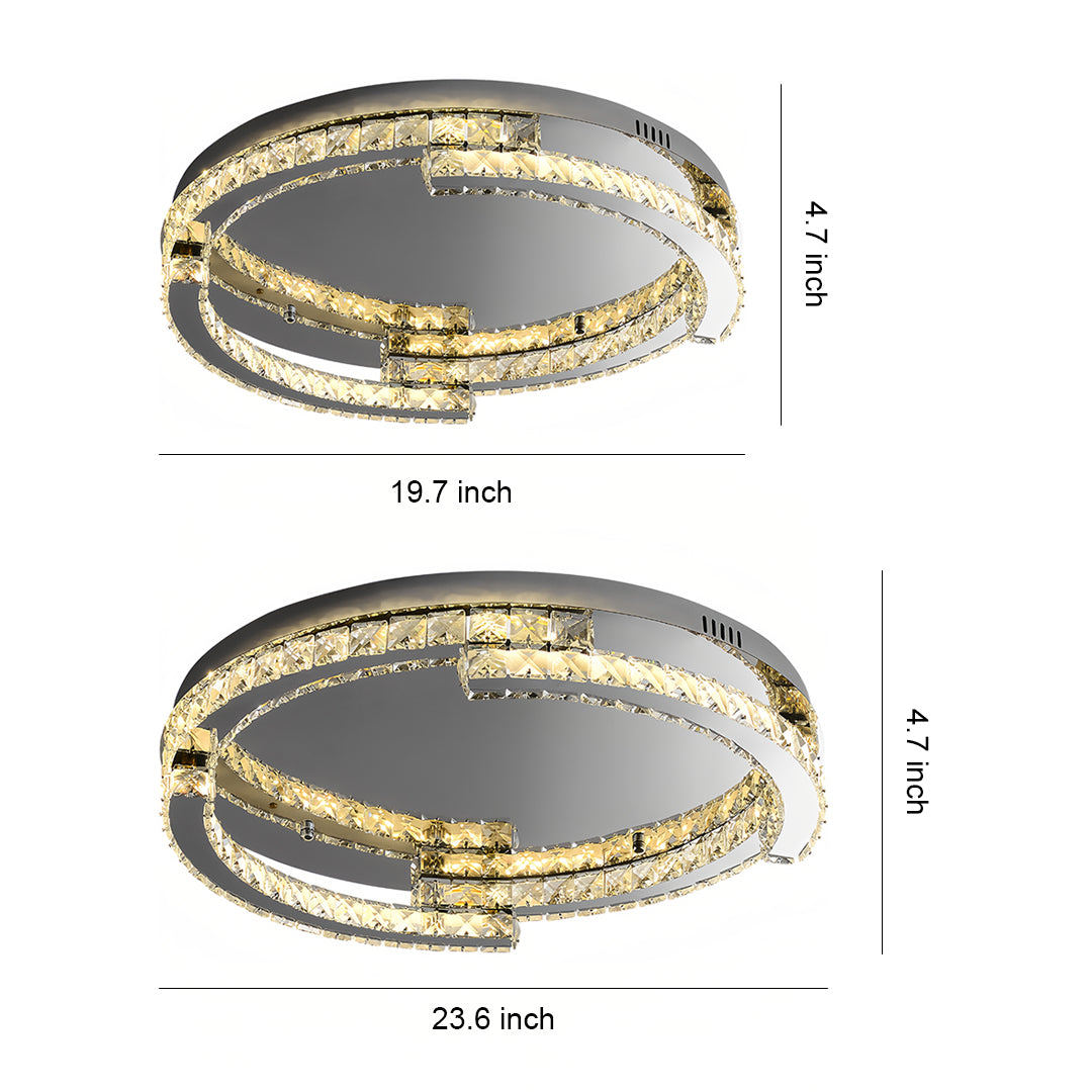 Silver flush mount ceiling light collection showing two circular crystal fixtures in different sizes with LED illumination