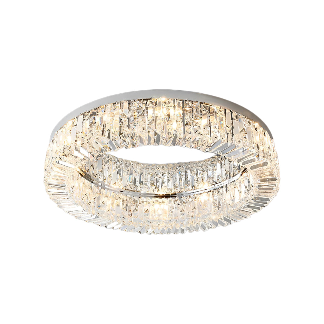 Flush mount silver modern crystal ceiling light featuring a sparkling crystal ring design isolated on a white background.