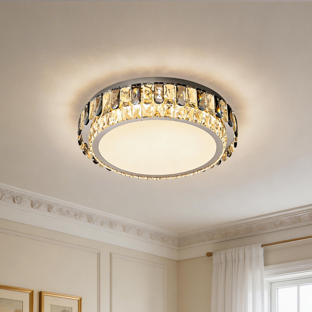 Elegant flush mounting led lights with a silver ring frame and a glowing clear crystal border.
