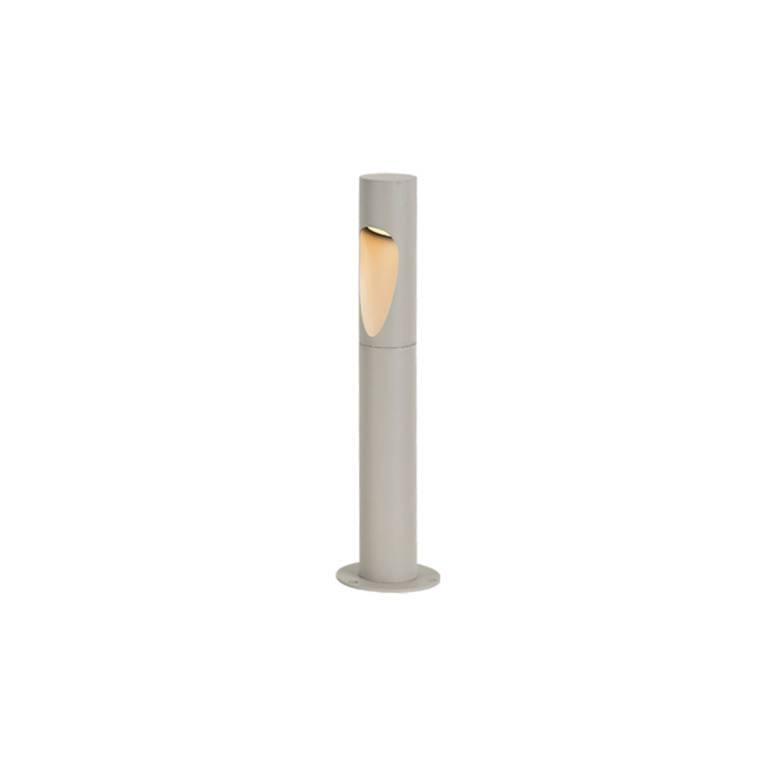 Minimalist silver cylindrical garden bollard led lights with a warm diffuser top against a clean white background.