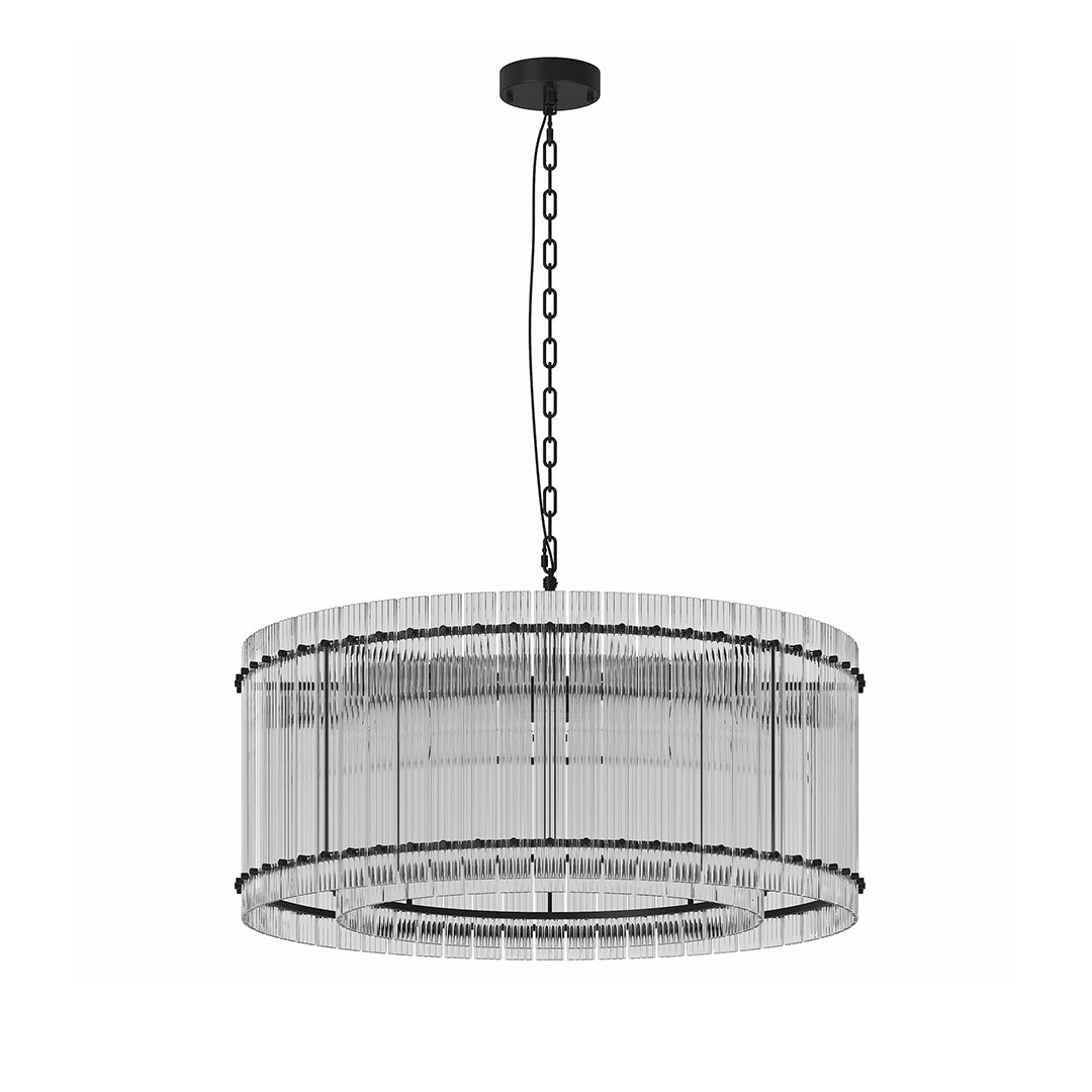 Luxury glass lamp shade chandelier with silver metal frame, creating a sparkling centerpiece for contemporary interiors.
