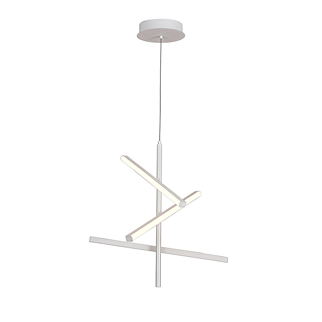 Silver iron linear chandelier with six radiating arms and dotted LED light pattern on white.