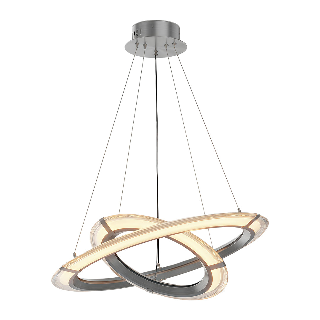 Silver intertwined multi-ring modern round chandelier with sculptural loops.