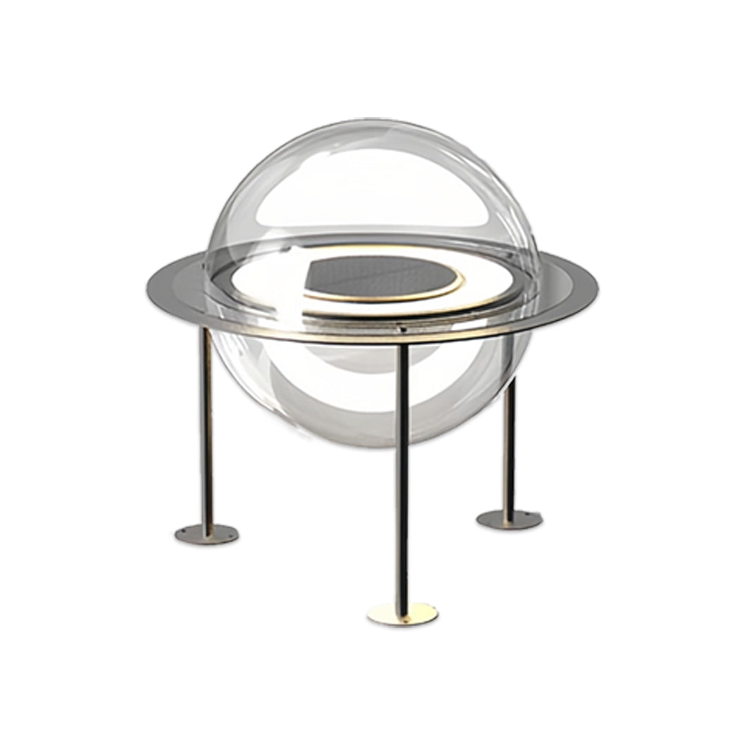 Contemporary silver ring-style main gate pillar light design with elevated tripod base for stylish exterior pillars.