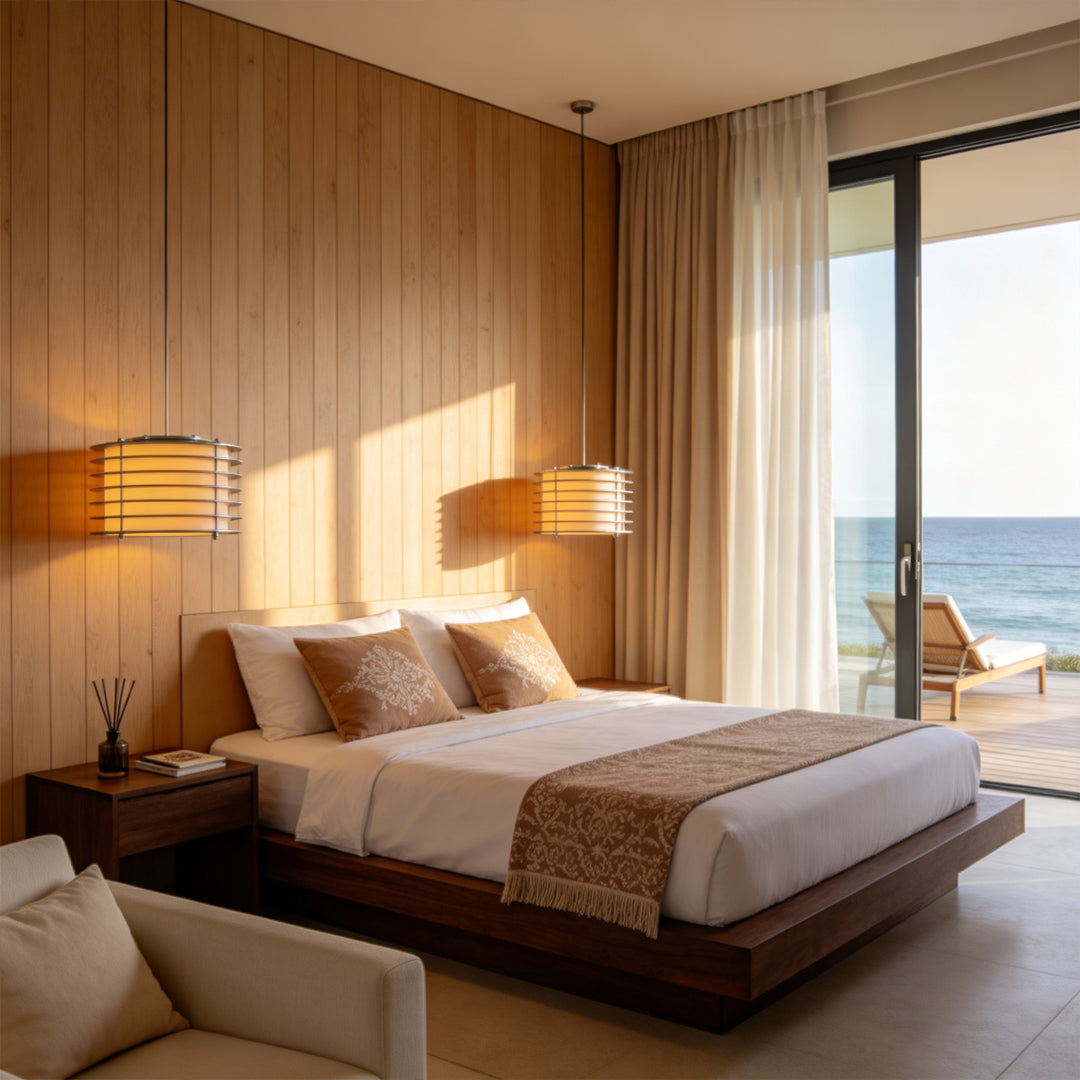 Luxury stainless steel pendant light fixtures beside a modern bedroom with warm ambient coastal-inspired lighting.