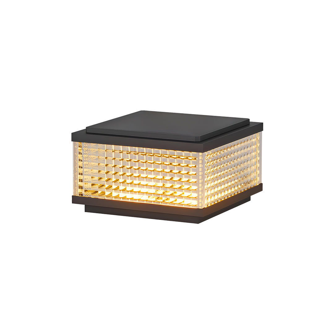 Contemporary large outdoor solar pillar lights with compact square structure and warm glowing diffuser design.