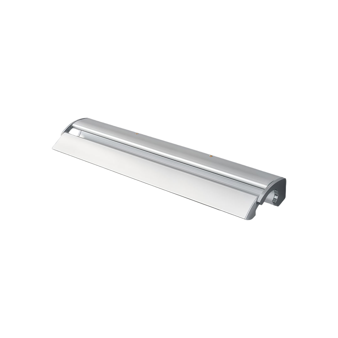 Minimalist silver wall lights with elongated vanity bar design isolated on a clean studio white background.