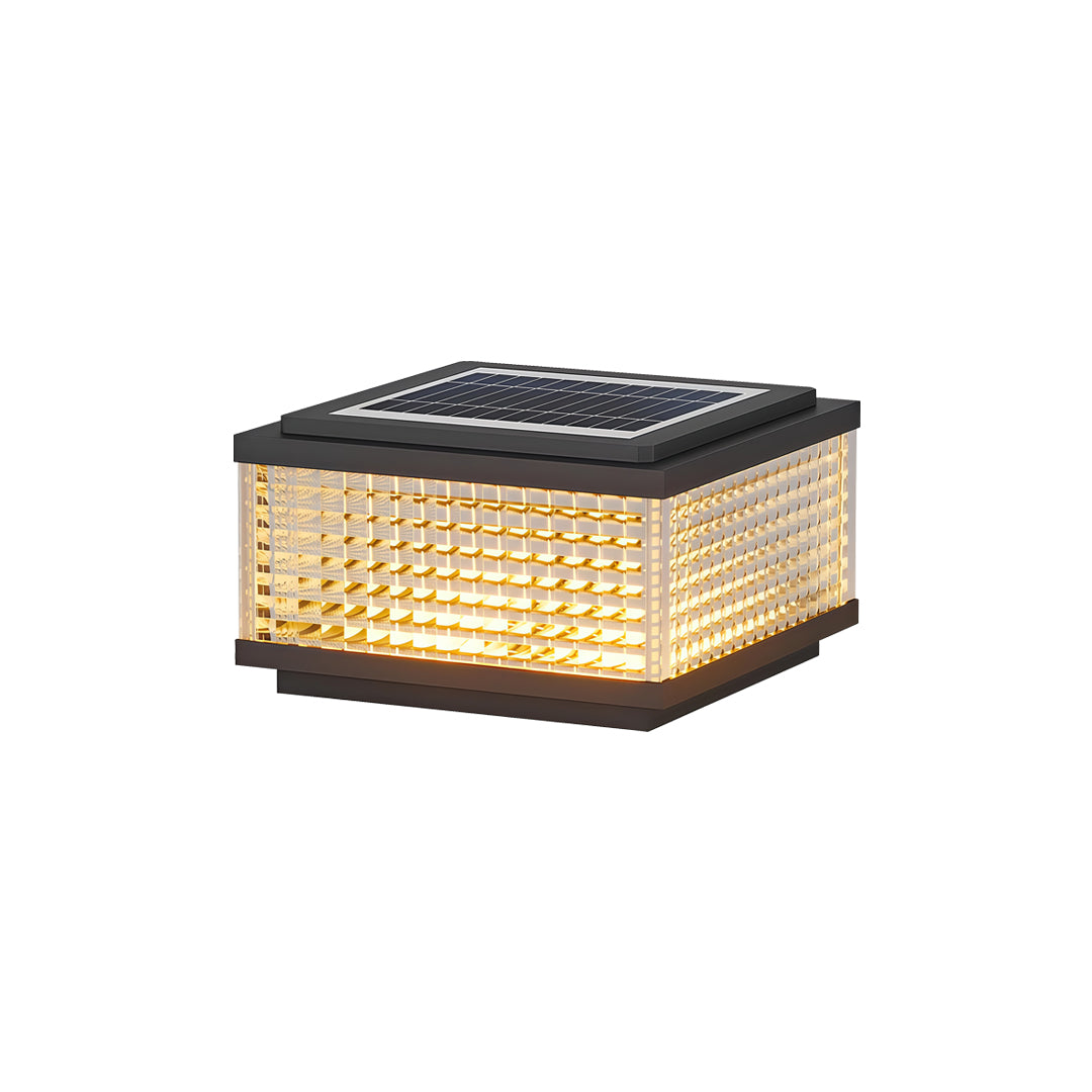 Contemporary large outdoor solar pillar lights featuring warm LED illumination and geometric square housing.