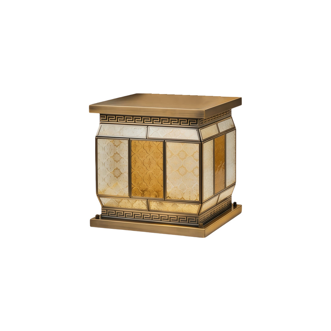 Silver wall lights illuminated solar pillar lantern with modern square silhouette and warm LED glow.