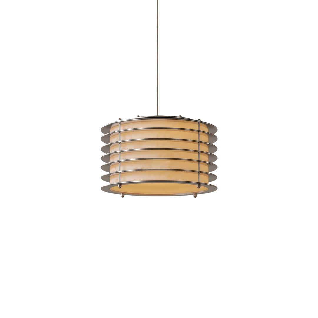 Minimalist stainless steel pendant light fixtures with layered circular shade isolated on white background.