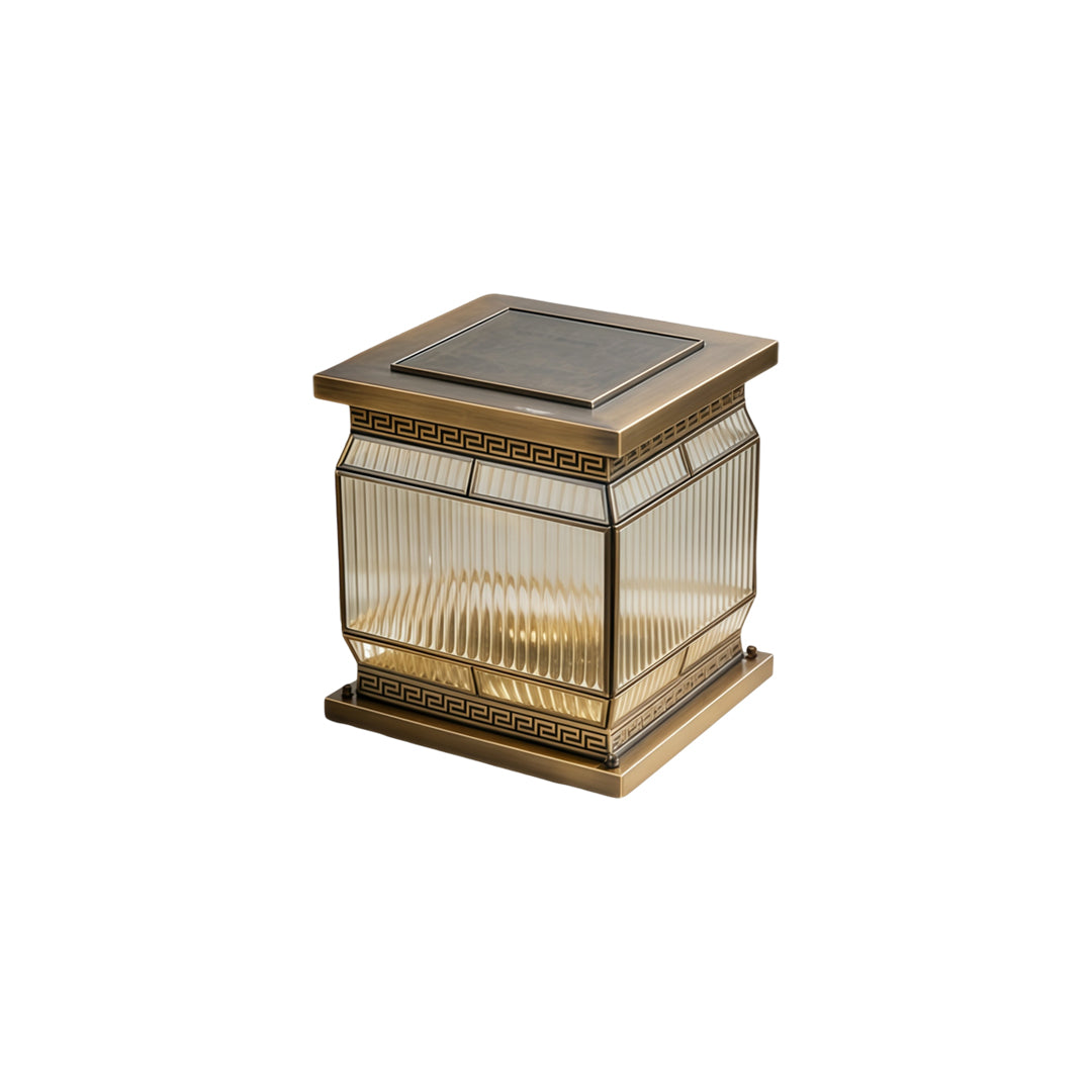 Silver wall lights luxury outdoor pillar lantern beside stone gate with warm illuminated glass panels.