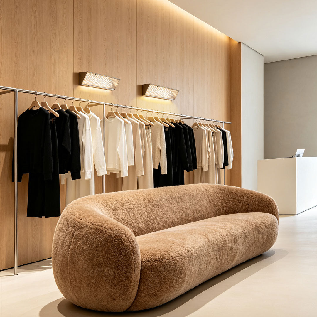 Elegant silver wall lights installed above a cozy lounge sofa in a modern retail showroom with warm accents.