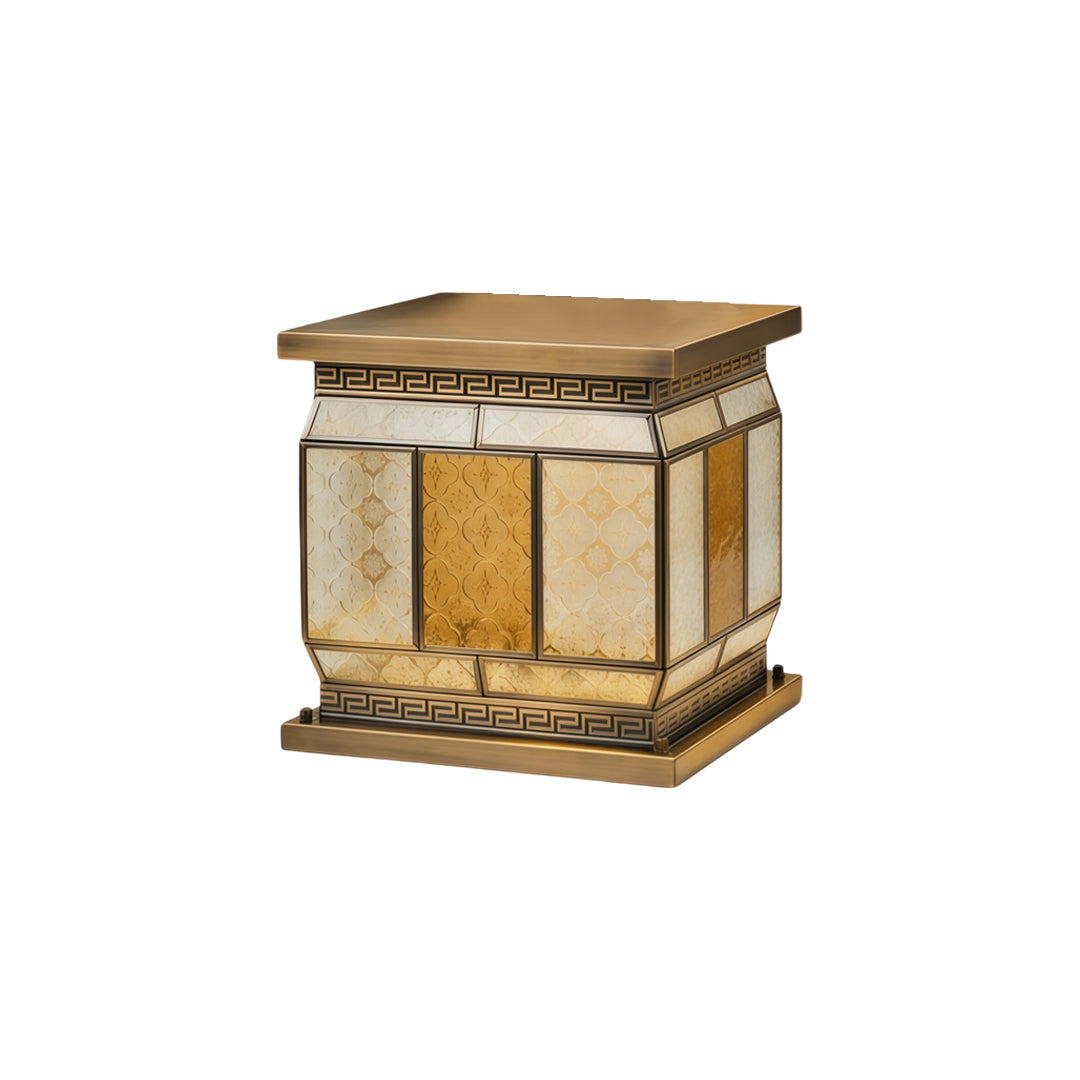 Silver wall lights outdoor solar lantern fixture with luxurious metallic trim and glowing glass shade.